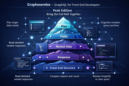 A digital infographic titled 'Graphhorexloek' explaining GraphQL for front-end developers, featuring a central website layout mockup with labeled sections like header, detail panel, and related section, connected to query boxes on a dark blue background.