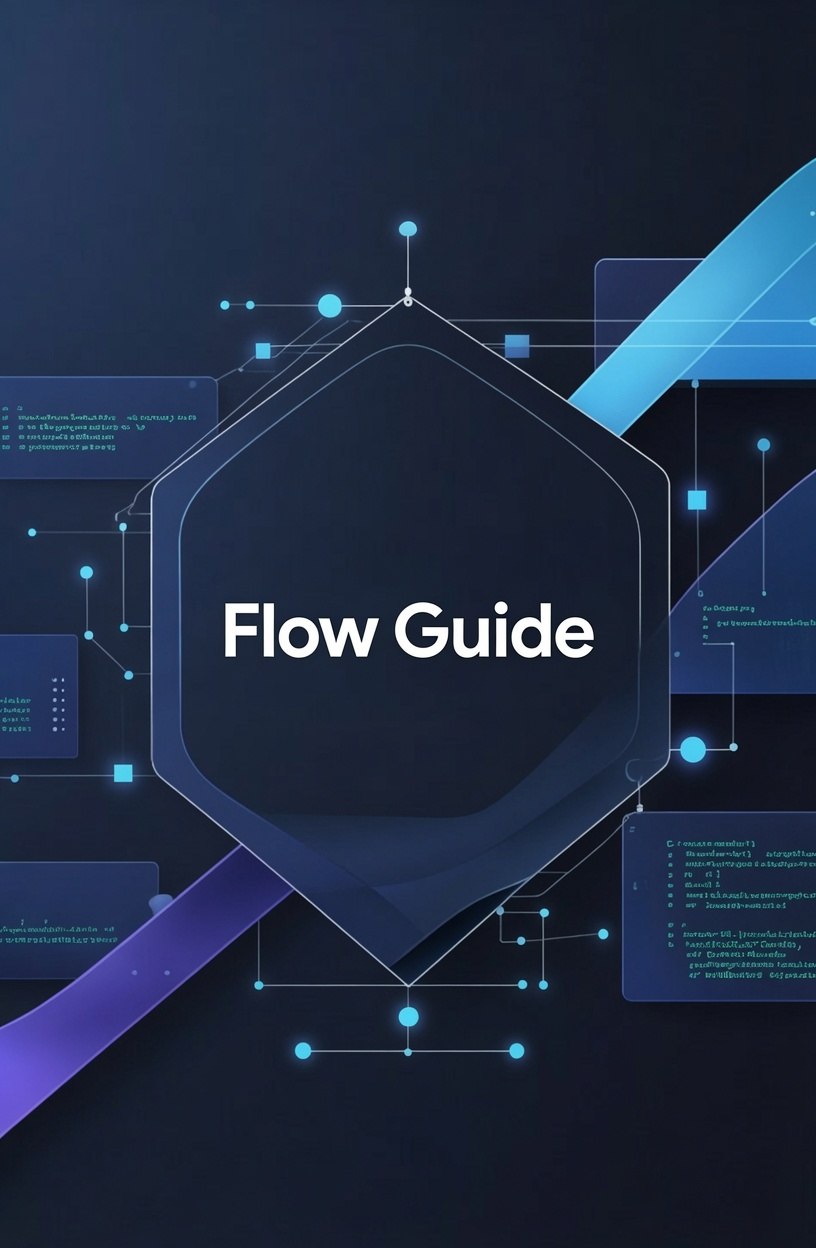 3D illustration of stacked geometric shapes with 'Flow Guide' text on a dark background