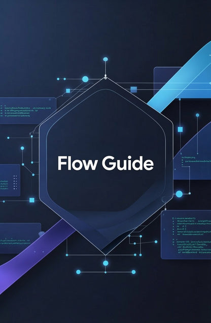 3D illustration of stacked geometric shapes with 'Flow Guide' text on a dark background