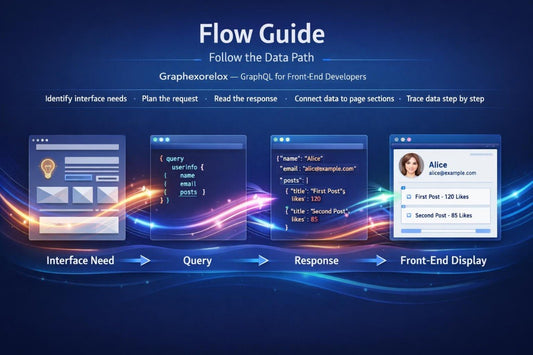 A dark blue digital infographic titled 'Flow Guide' explaining how to use Graphql for frontend developers, showing four illustrated panels: Interface Need, Query, Response, and Front-End Display with code snippets and arrows.