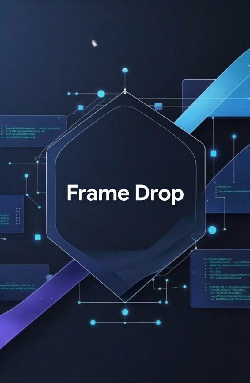 3D illustration of stacked geometric shapes with 'Frame Drop' text on a dark background