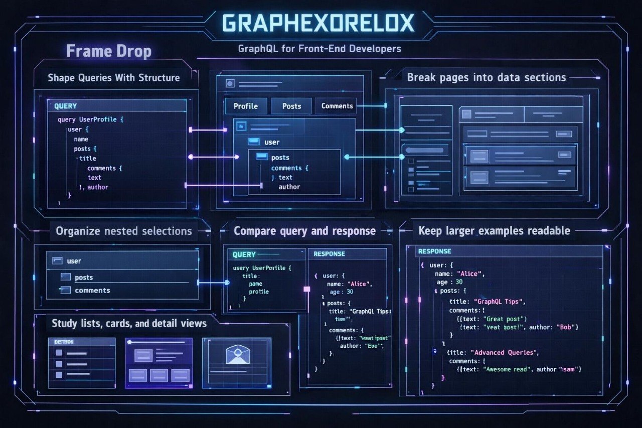 A dark blue digital infographic titled 'GRAPHEXORELOX' with multiple panels showing UI-style database query diagrams, code snippets, and interface mockups for graph database development.