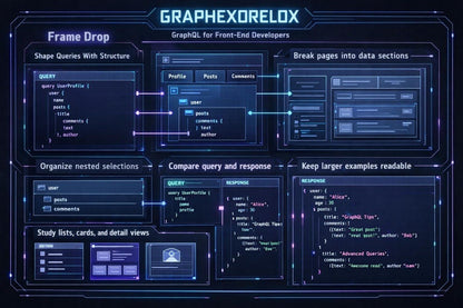 A dark blue digital infographic titled 'GRAPHEXORELOX' with multiple panels showing UI-style database query diagrams, code snippets, and interface mockups for graph database development.