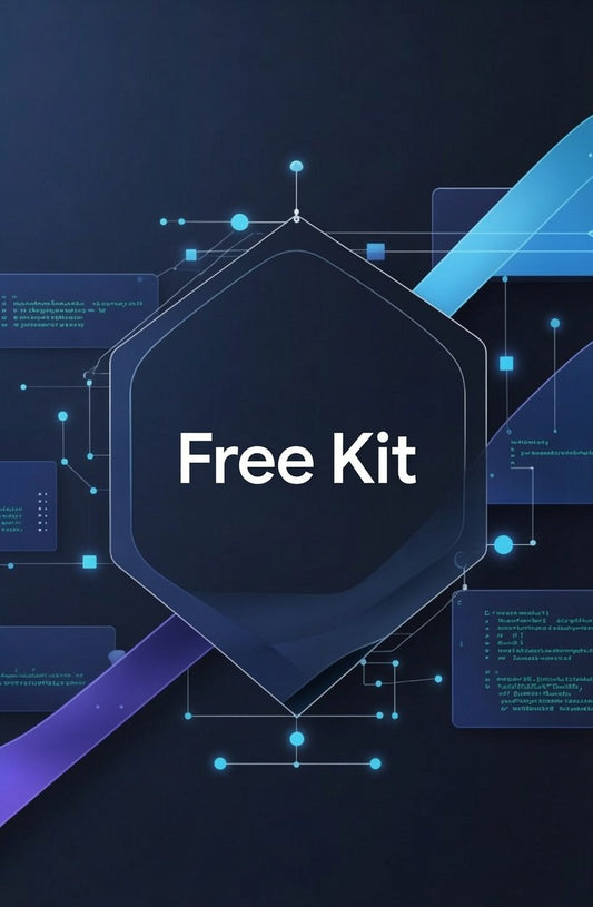 3D illustration of stacked geometric shapes with 'Free Kit' text on a dark background