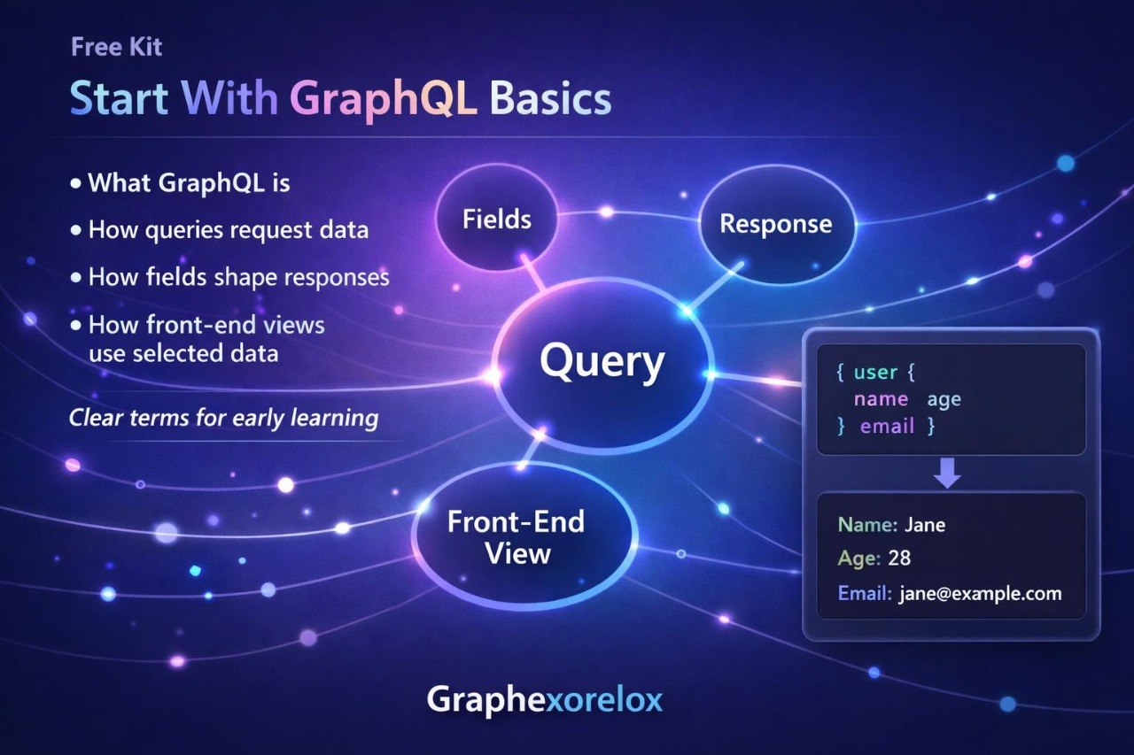 An educational digital graphic titled 'Start With GraphQL Basics' on a dark blue background, featuring a central 'Query' bubble with surrounding labels 'Fields', 'Response', and 'Front-End View', plus a code example box and the brand name Graphexorelox.