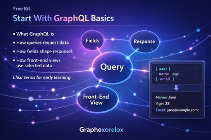 An educational digital graphic titled 'Start With GraphQL Basics' on a dark blue background, featuring a central 'Query' bubble with surrounding labels 'Fields', 'Response', and 'Front-End View', plus a code example box and the brand name Graphexorelox.