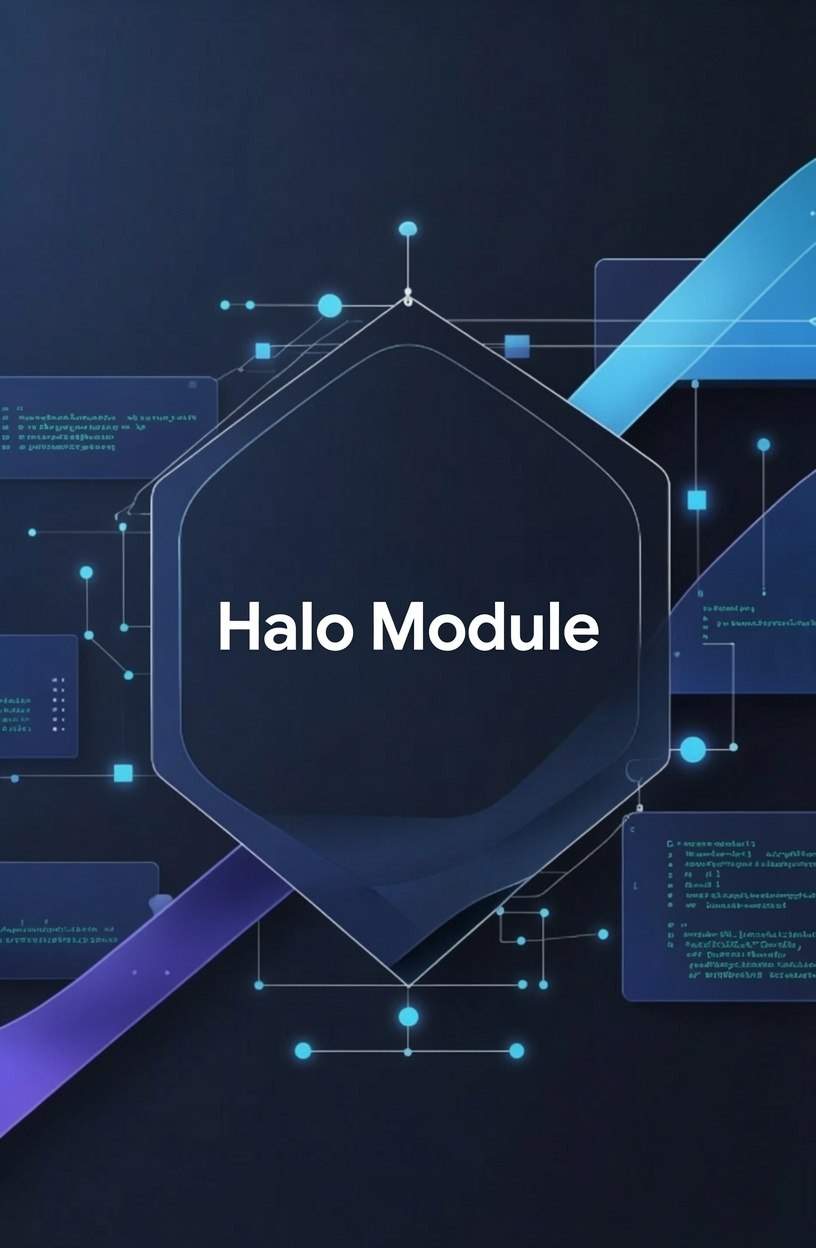3D illustration of stacked geometric shapes with 'Halo Module' text on a dark background