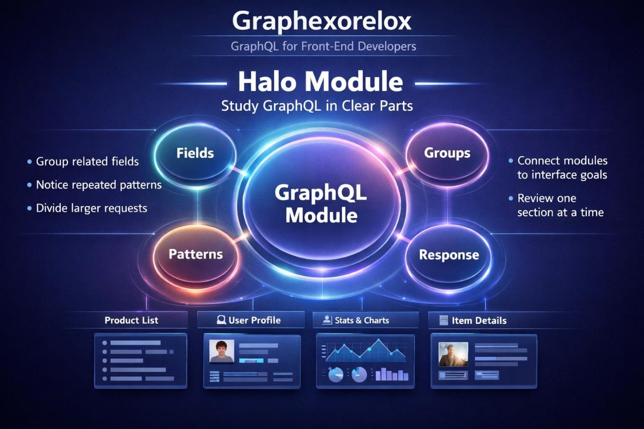 A digital infographic titled 'Graphhorexelox GraphQL for Front-End Developers' and 'Halo Module', showing a central 'GraphQL Module' surrounded by 'Fields', 'Groups', 'Response', and 'Patterns' in glowing blue, purple, and orange circles. Below, five interface-style panels are labeled 'Product List', 'User Profile', 'Stats & Charts', and 'Item Details'.