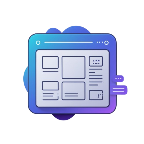A stylized digital illustration of a tablet or monitor with a blue-to-purple gradient border and a light gray screen showing a webpage layout, centered on a white background.