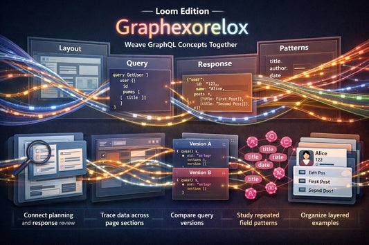 Promotional graphic for 'Loom Edition GraphQLOrelox' showing a dark navy background with glowing orange and blue data streams, multiple interface panels, and text such as 'Layout,' 'Query,' 'Response,' 'Patterns,' 'Connect planning and response review,' 'Trace data across page sections,' 'Compare query versions,' 'Study repeated field patterns,' and 'Organize layered examples.'.