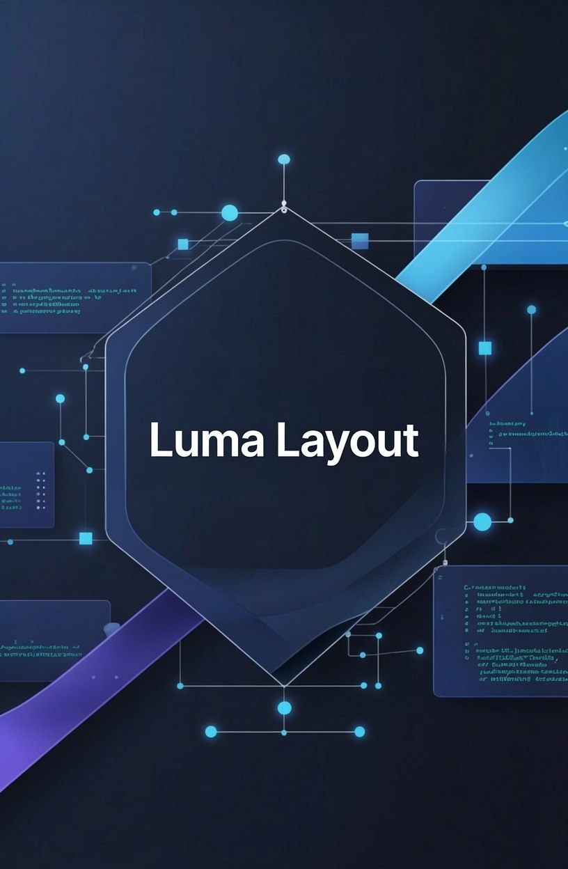3D illustration of stacked geometric shapes with 'Luma layout' text on a dark background