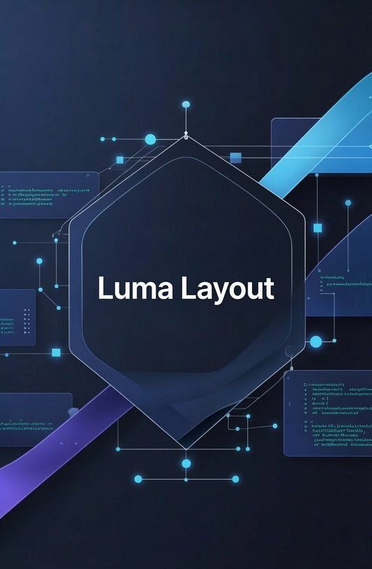 3D illustration of stacked geometric shapes with 'Luma layout' text on a dark background