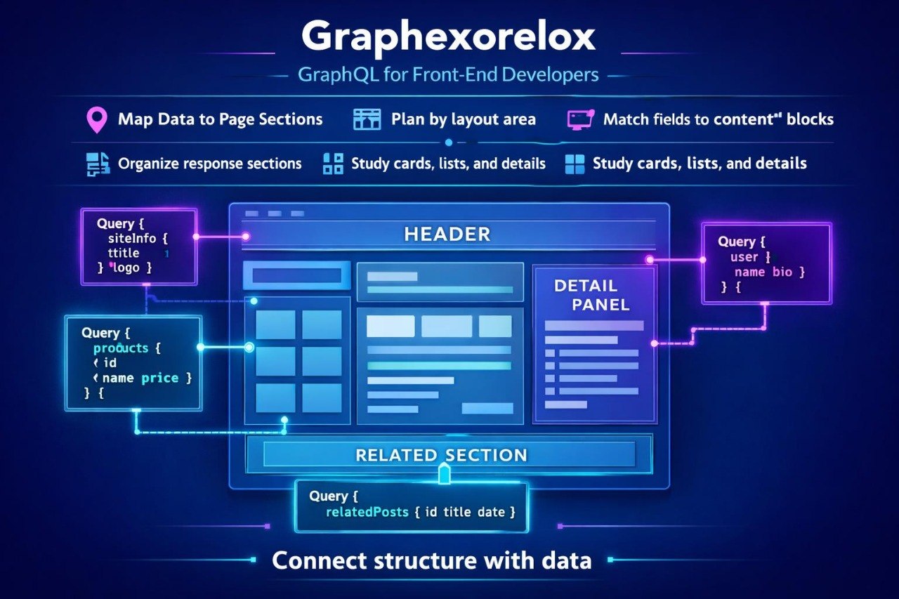 A digital infographic titled 'Graphhorexloek' explaining GraphQL for front-end developers, featuring a central website layout mockup with labeled sections like header, detail panel, and related section, connected to query boxes on a dark blue background.