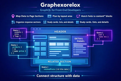A digital infographic titled 'Graphhorexloek' explaining GraphQL for front-end developers, featuring a central website layout mockup with labeled sections like header, detail panel, and related section, connected to query boxes on a dark blue background.