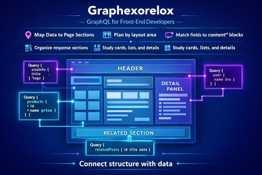 A digital infographic titled 'Graphhorexloek' explaining GraphQL for front-end developers, featuring a central website layout mockup with labeled sections like header, detail panel, and related section, connected to query boxes on a dark blue background.