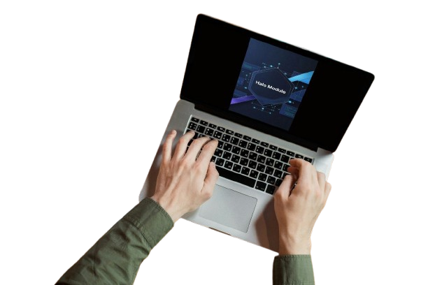 Top-down view of a person typing on a silver laptop with a black screen displaying a dark interface, set against a plain white background.