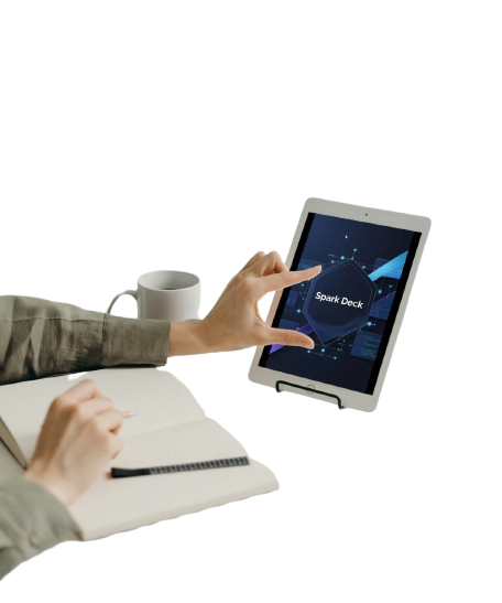 Person using a stylus on a tablet displaying course on a light gray background