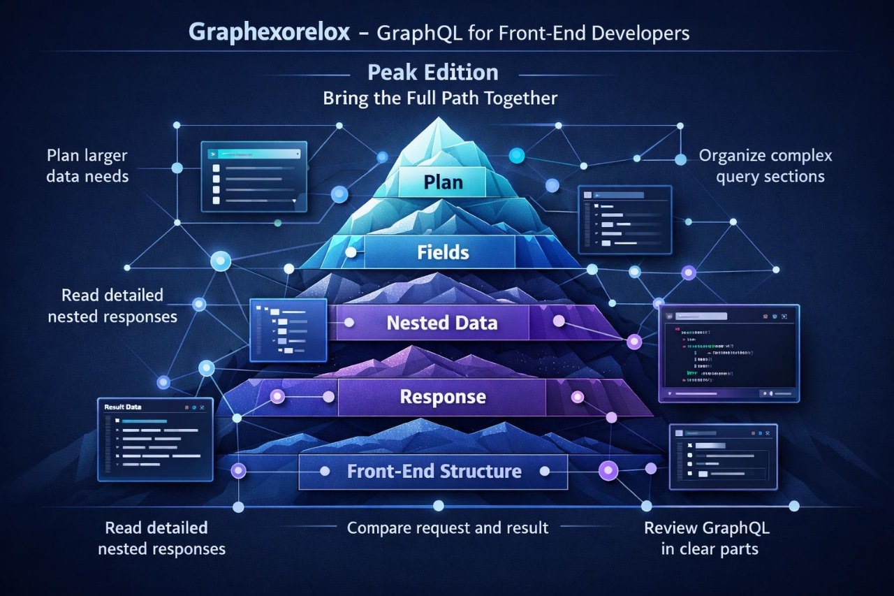 A digital infographic titled 'Graphhorexloek' explaining GraphQL for front-end developers, featuring a central website layout mockup with labeled sections like header, detail panel, and related section, connected to query boxes on a dark blue background.
