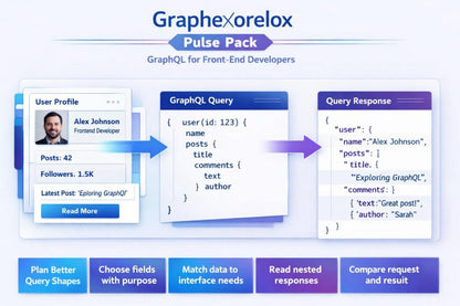 Promotional graphic for Graphexorelox Pulse Pack, a GraphQL front-end developer resource pack. The image features a light blue and purple gradient background with a central white and blue mockup showing a user profile, a GraphQL query, and a query response, with explanatory text and purple banners at the bottom.