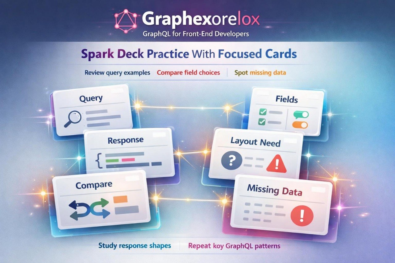 Promotional graphic for Graphhexorelox 'Spark Deck Practice With Focused Cards' showing several stylized cards labeled Query, Response, Fields, Layout Need, Compare, and Missing Data on a blue gradient background with spark effects.