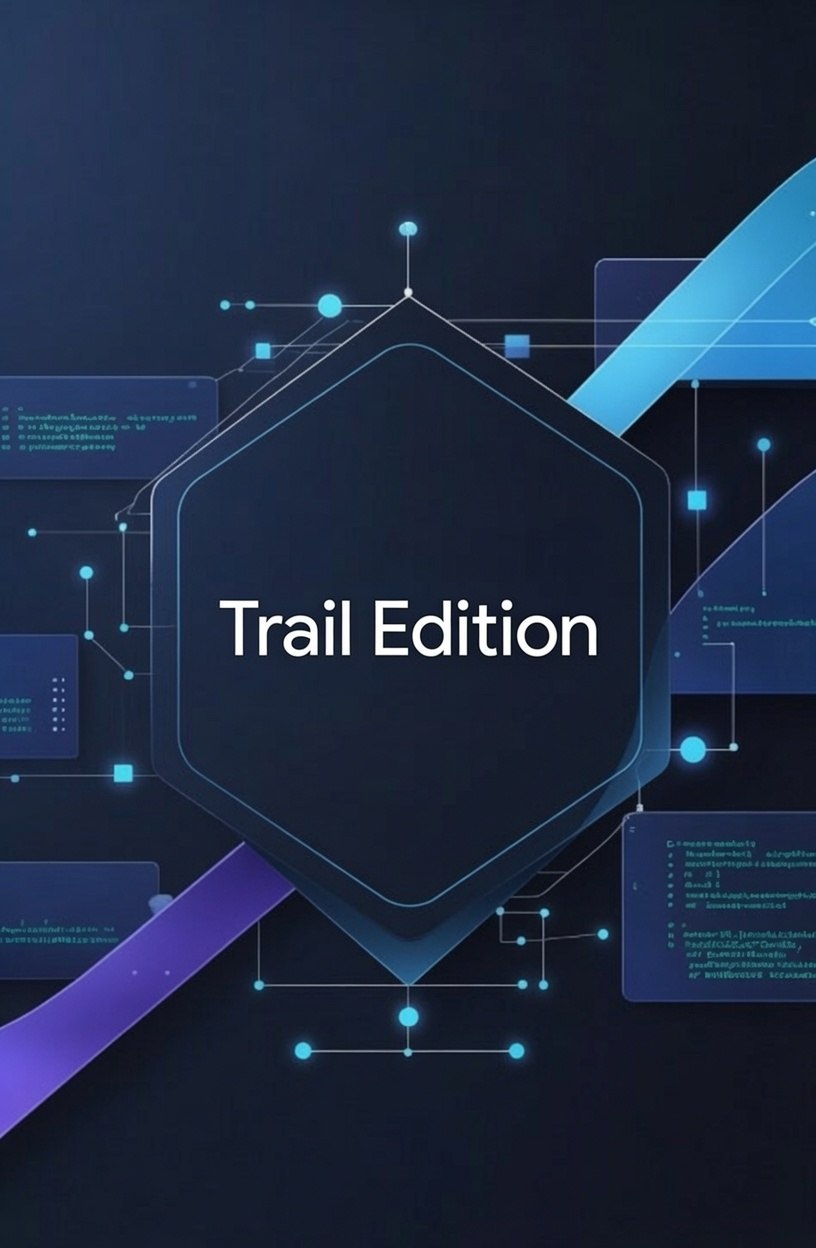 3D illustration of stacked geometric shapes with 'Trail Edition' text on a dark background