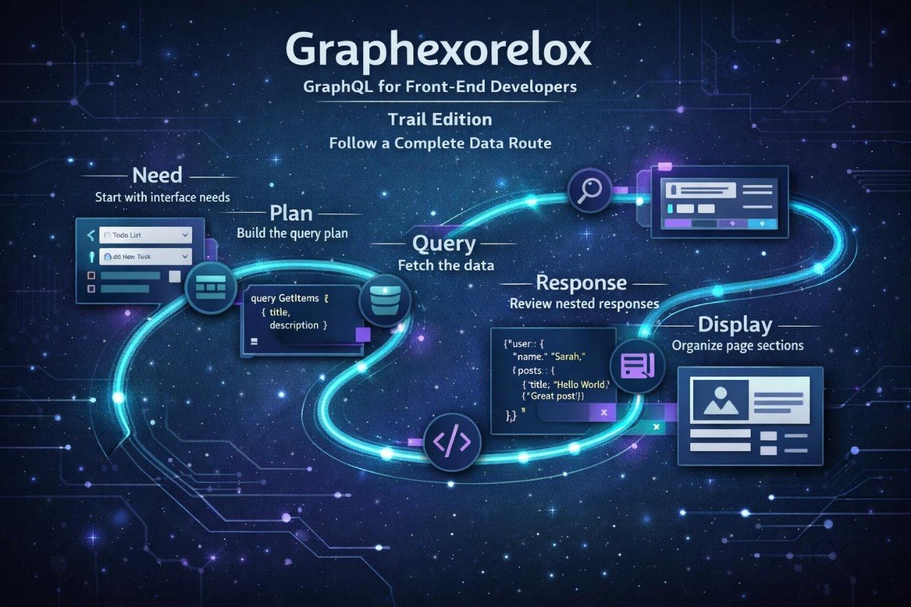 A digital infographic titled 'Graphexorelox GraphQL for Front-End Developers Trail Edition' showing a flowchart of a software development workflow with glowing blue circuit lines, terminal windows, and UI panels on a dark starry background.