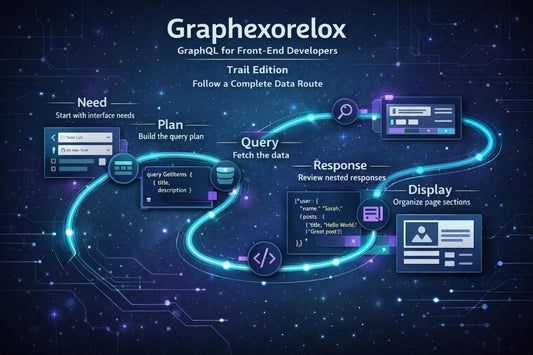 A digital infographic titled 'Graphexorelox GraphQL for Front-End Developers Trail Edition' showing a flowchart of a software development workflow with glowing blue circuit lines, terminal windows, and UI panels on a dark starry background.